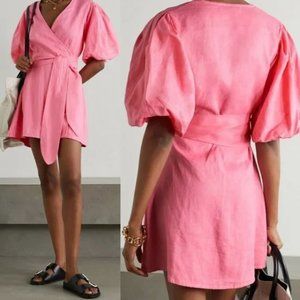 NEW Faithfull The Brand Women's Sz US 10 Godiva Wrap Plain Pink Linen Mini Dress